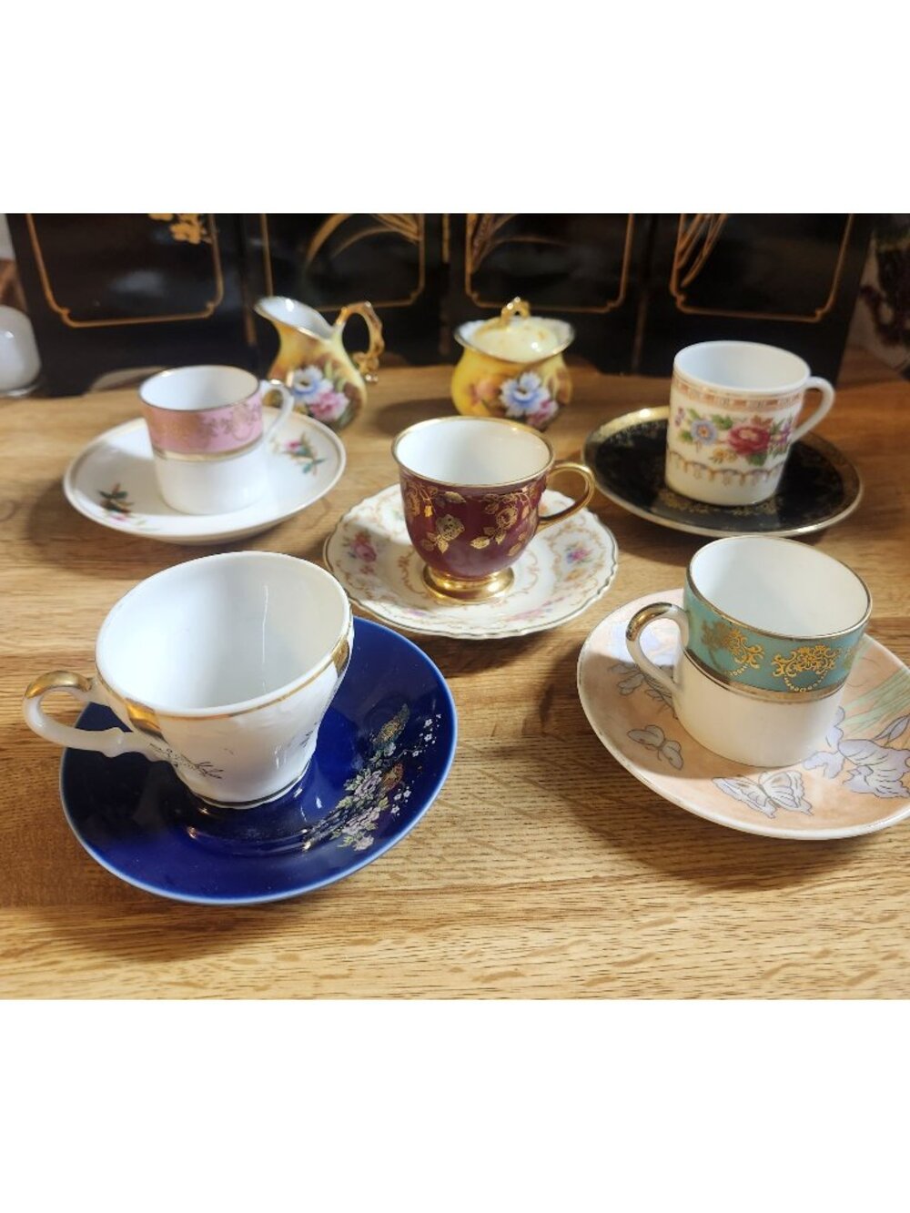 Mismatched China Cups & Saucers Demitasse Espresso 5 Sets Sugar Creamer Eclectic